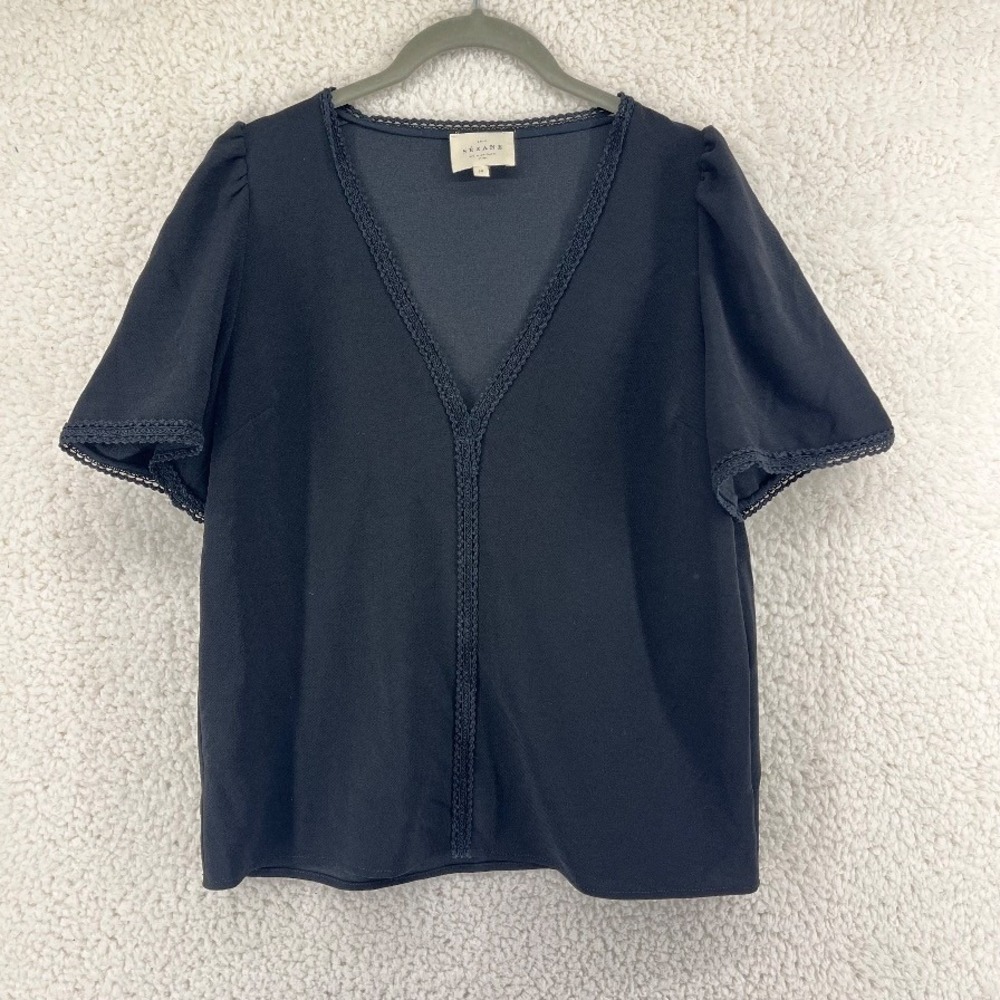 Sezane Black V-Neck Blouse Womens Size 36 Lace Trim Short Puff Sleeve Top Sz S